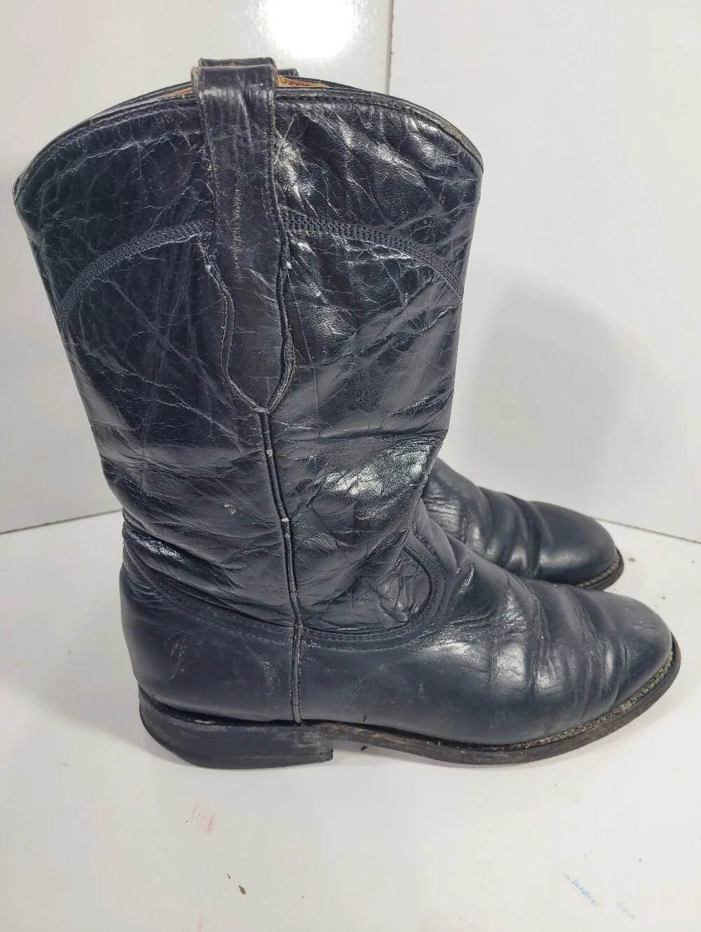 Tres Garcia Black Leather Cowboy Western Roper Boots Mens Size 6.5 Vtg Mex 25.5